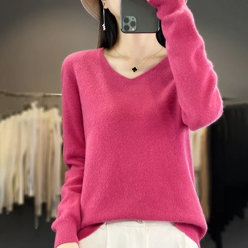 Women 100% Merino Wool Sweater V-Neck Basic Pullover Autumn Winter Cashmere Clothing Long Sleeve Soft Knitwear Tops Solid Color 2