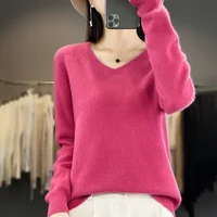 Women 100% Merino Wool Sweater V-Neck Basic Pullover Autumn Winter Cashmere Clothing Long Sleeve Soft Knitwear Tops Solid Color 2