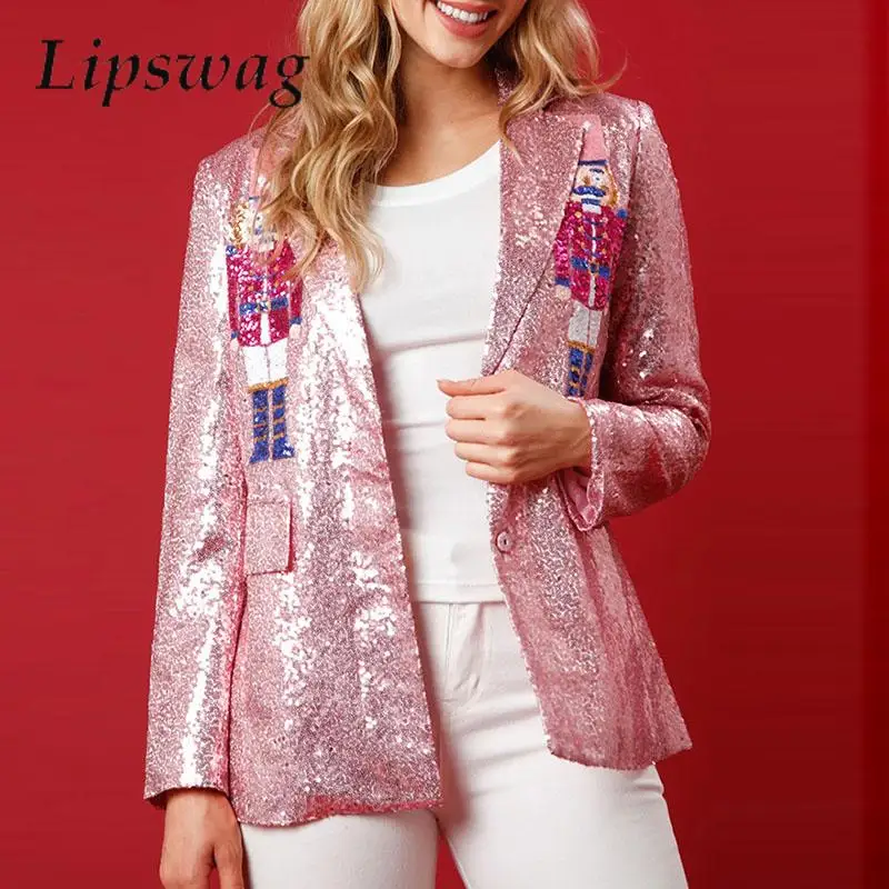 

Elegant Notched Collar Lady Bling Shiny Party Outwear Women Fashion Casual Loose Suit Jacket Cartoon Soldier Sequins Blazer Coat