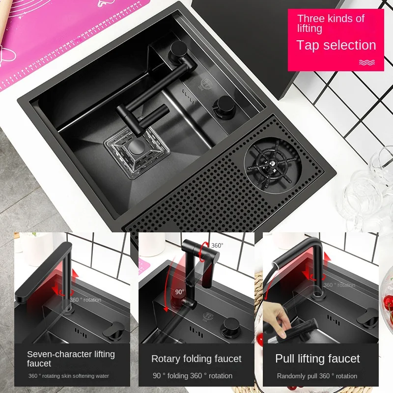Kitchen Accessories Kitchen Sink 55CMX45CM Kitchen Sink Nano 304 Stainless Steel Vegetable Wash Basin Single Sink Wash Basin Adjustable Folding Faucet
