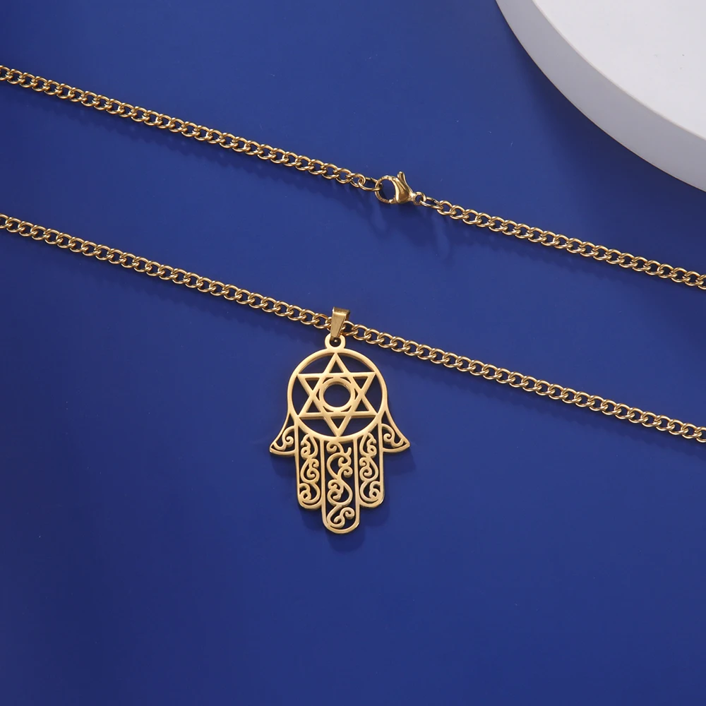 Dawapara Vintage filigrane Hamsa Hand von Fatima Stern von David Hexagramm Halskette viel Glück Erfolg Amulett Schmuck Edelstahl – Detail 13