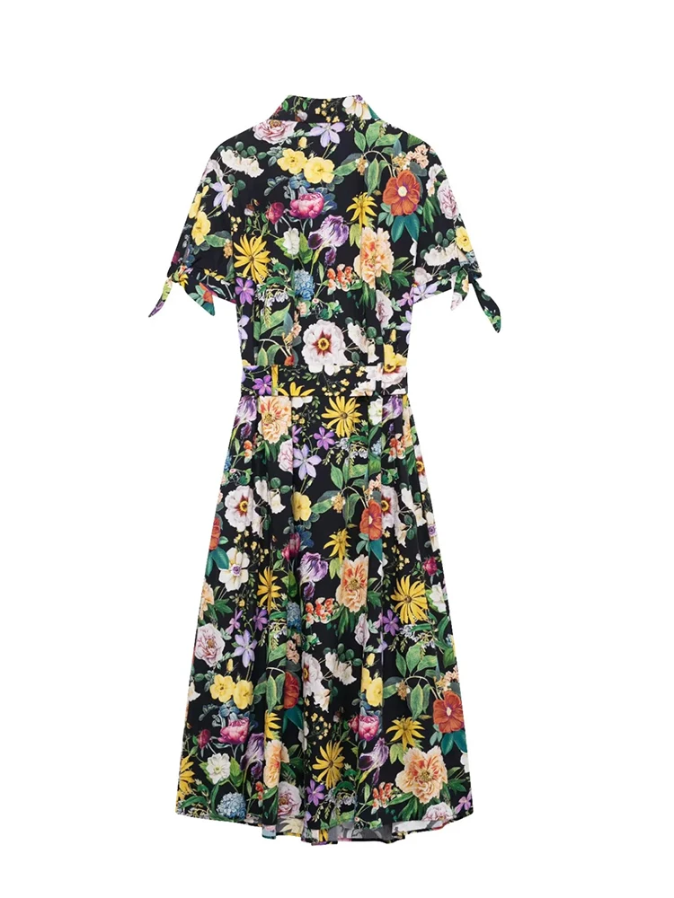 Floral Print Midi Dress Women 2025 Spring Fashion Short Sleeve Long Dresses for Women Casual With Belt Female Party Dresses