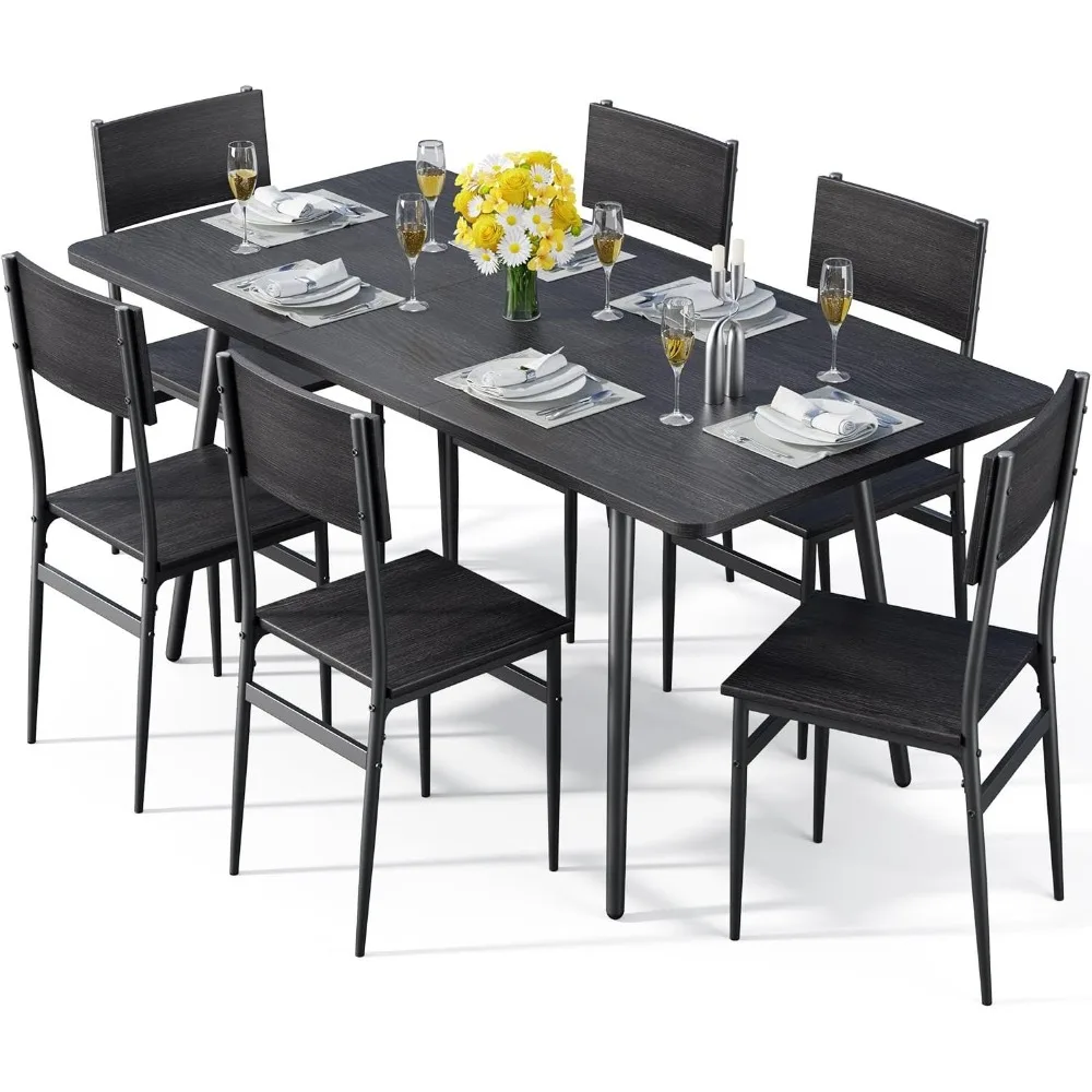 7-Piece Dining Table for 4-6, 63&rdquo; Large Extendable Kitchen Table Set with 6 Chairs, Dining Set for Room