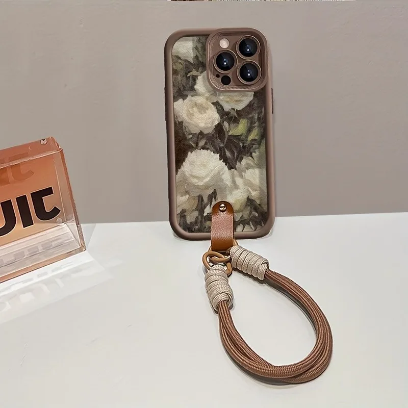 Oil Painting White Rose Hand Strap Phone Case - Soft Cover