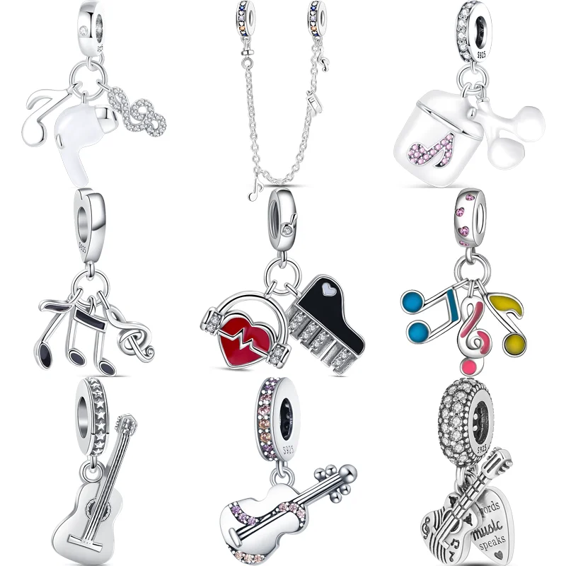 925 Sterling Silver Guitar Piano Love Music Notes Headset Pendant Safety Chain Beads Fit Pandora Original Charm Bracelet Jewelry 925 sterling silver pink heart zircon bow arrow safety chain angel wings love beads fit original pandora charms bracelet jewelry