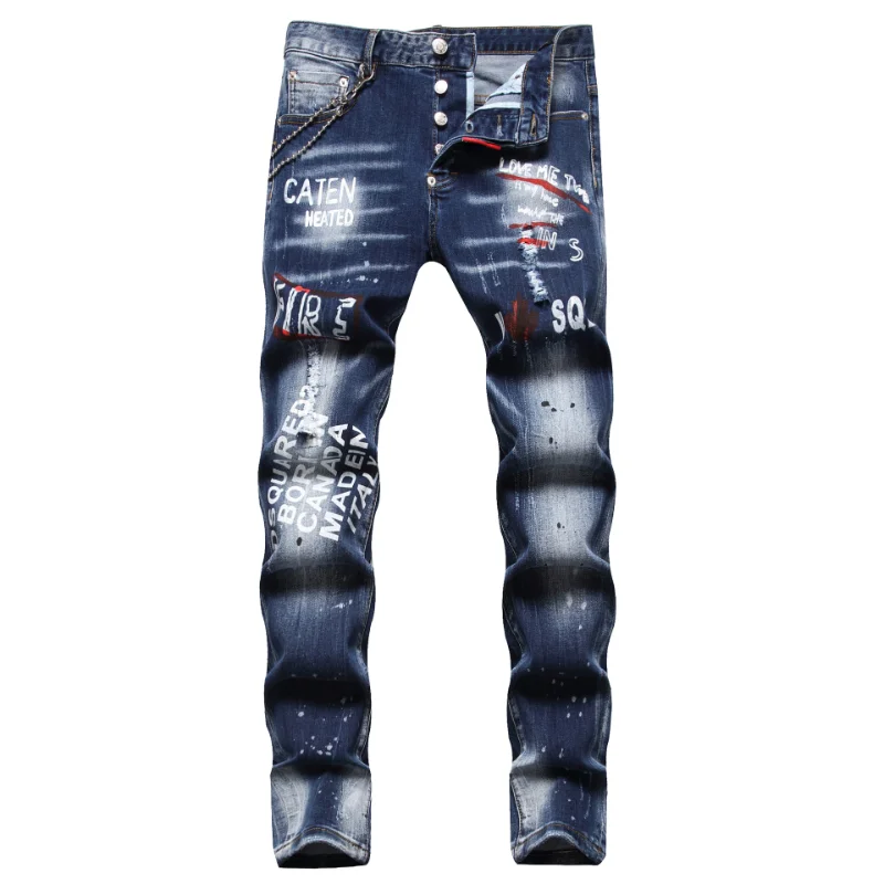 

Brand Jeans for Men Slim Fit Ripped Digital Printed Stretch Skinny Denim Hole Pants Ds2 Streetwear Hip Hop Biker Italy Jeans Men