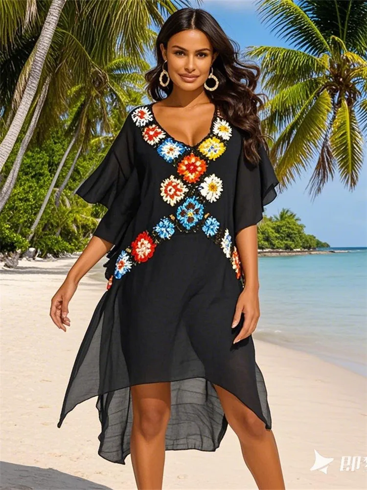 Women Beach Dress Tunic Cover Up Knitted White Outfits Beachwear Ups Pareo Bikini Coverup Dresses for Cover-Ups Summer Cape 2025