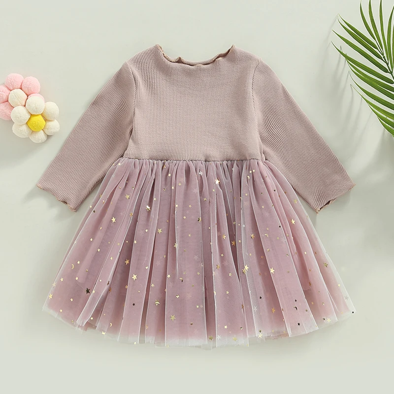 Girls Sequins Stars Moon Pattern Layered Tulle Tutu Dress Crew Neck Long Sleeve Autumn Princess Casual Dress for Toddler Kids