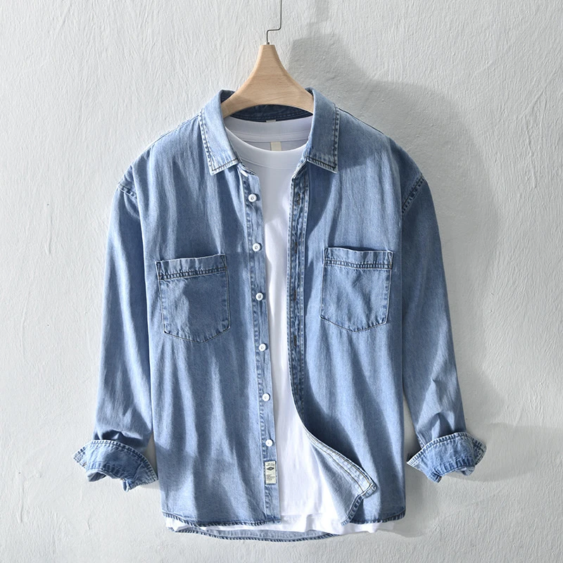 Vintage Denim Shirts For Men Casual Turn down Collar Button Long Sleeve