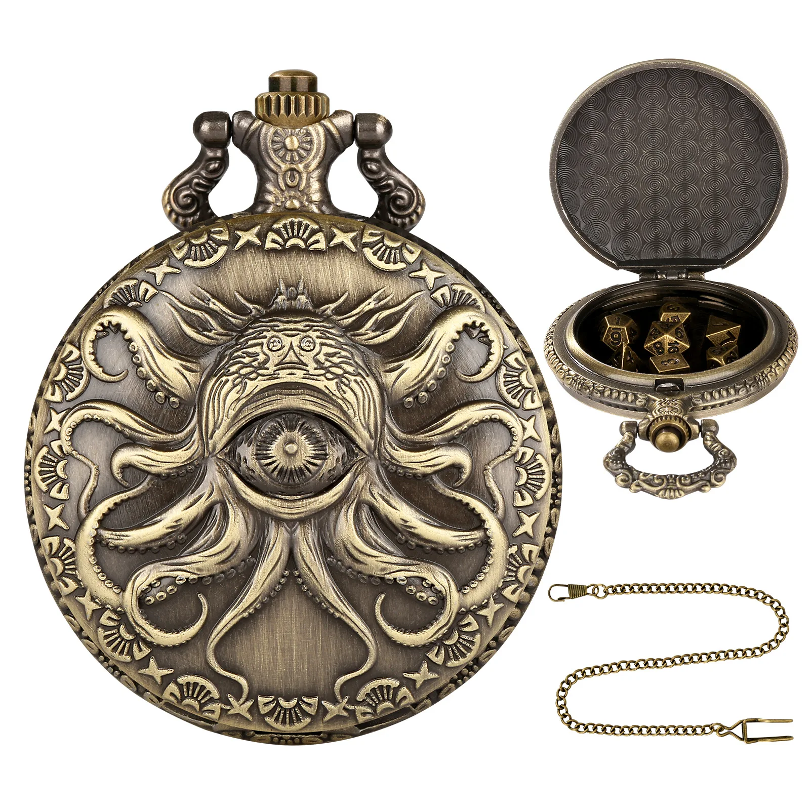 Vintage-Inspired Double Dragon DND Dice Jewelry Pocket Watch Case with 7 Metal Dice Set