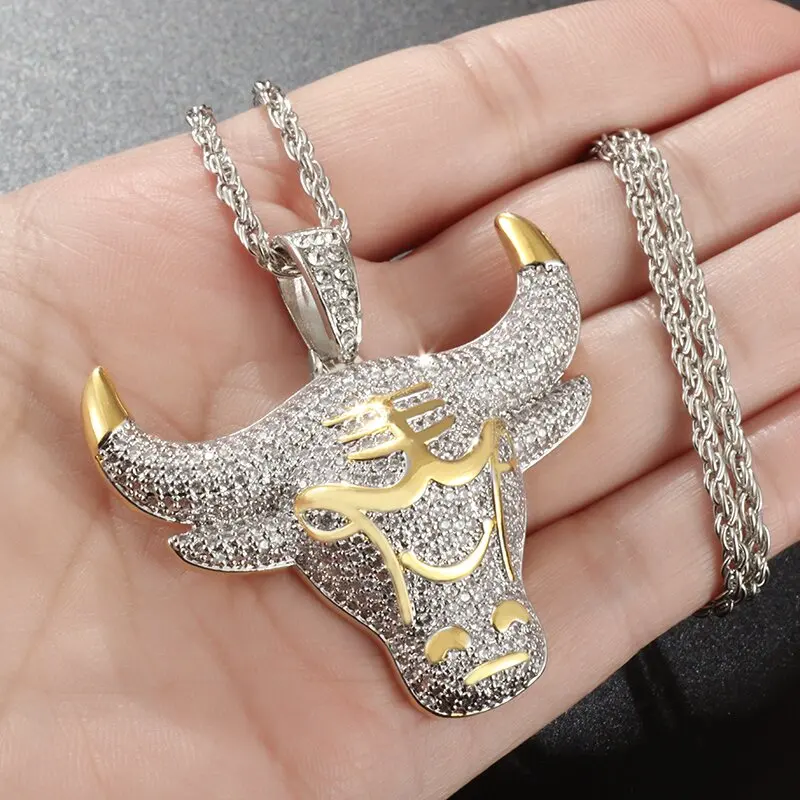 High Quality Fashion Full Zircon Bull Pendant Necklace Men and Women Surprise Birthday Gift Personality Rock Jewelry