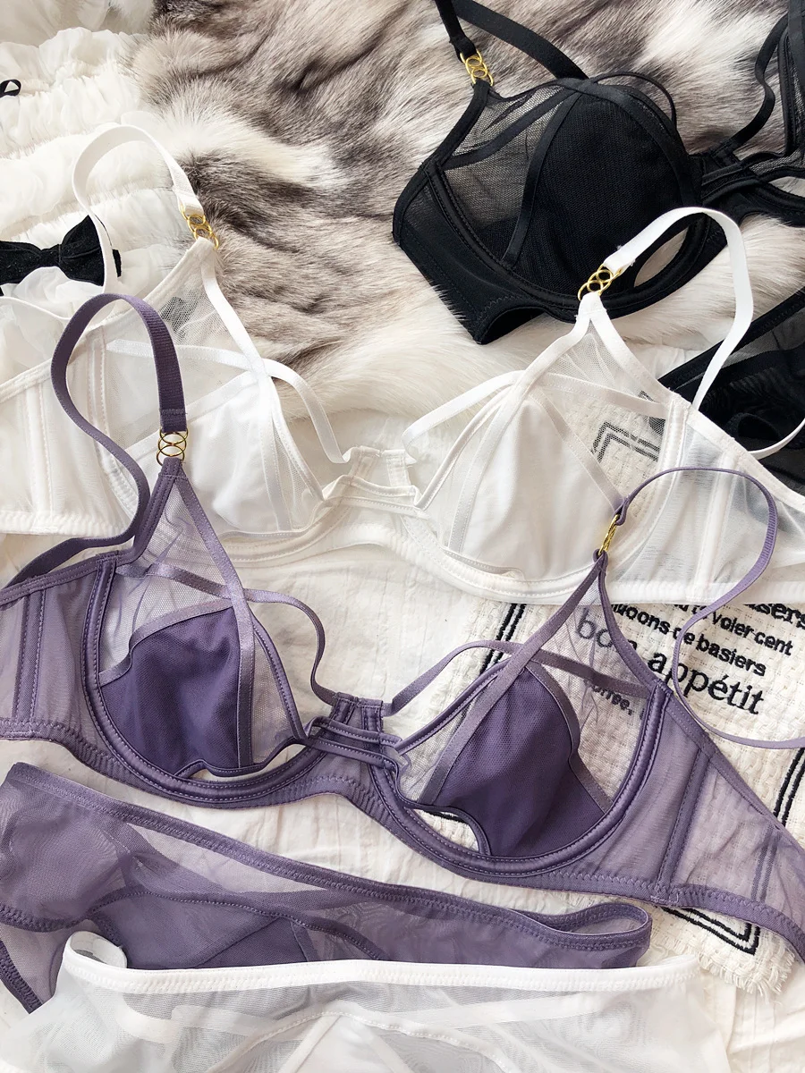 Sexy Hollow Lingerie Set French Ultra Thin Women Bra Summer Breathable Purple Plus Size 95CD Cup Underwear Push Up Brassiere