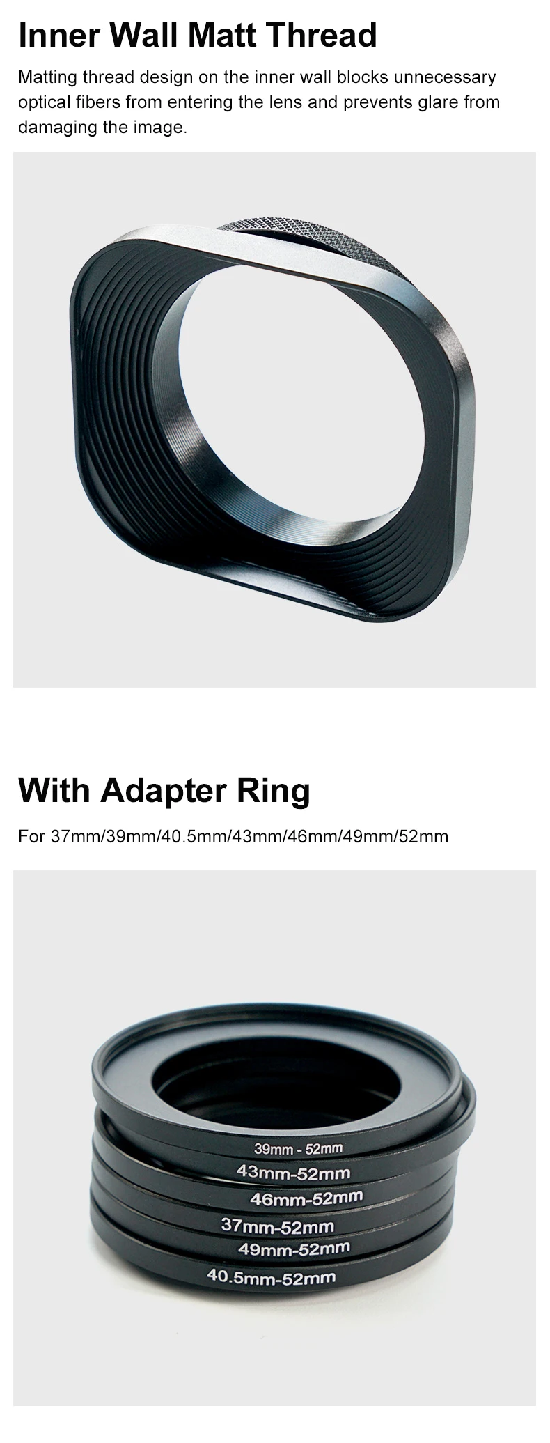 Description Picture 4 of itemMetal Camera Square Lens Hood Universal Retro Reduce Light for Fuji Fujifim 39mm 43mm 46mm 49mm 52mm Filter Adapter Ring Metal