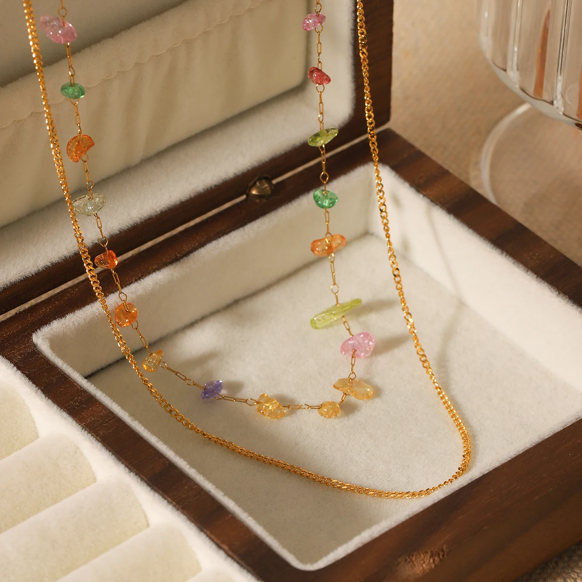 Bunte Edelstein-Schichtkette in Goldfarbe aus Edelstahl für Damen, Kristallperlen-Choker, Boho-Sommer-Halskette, Wasserfest für Tägliches Tragen