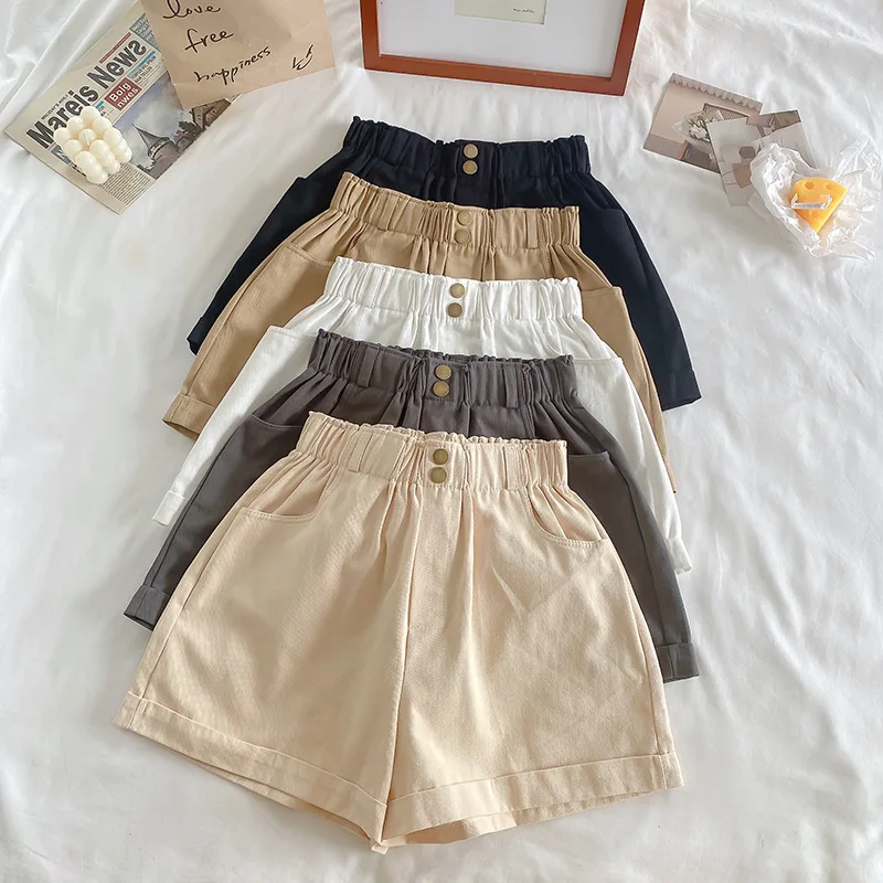 

Loose Hemmed High-waisted Casual Shorts for Women Summer Korean Fashion Slim Solid Color Women Clothes Cotton Wide Leg Shorts