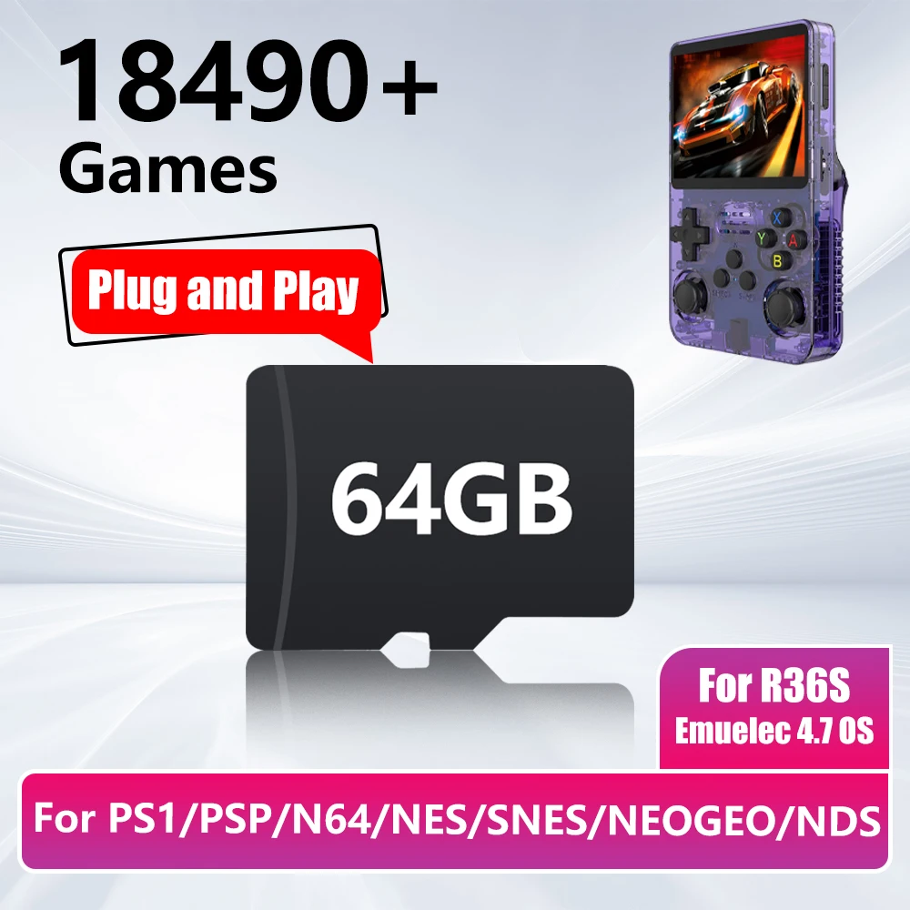 Scheda di Gioco da 64GB per Console R36S con 18490+ Giochi e 26 Emulatori per PS1/PSP/N64/NES/SNES/NEOGEO/NDS Emuelec 4.7 Plug and Play