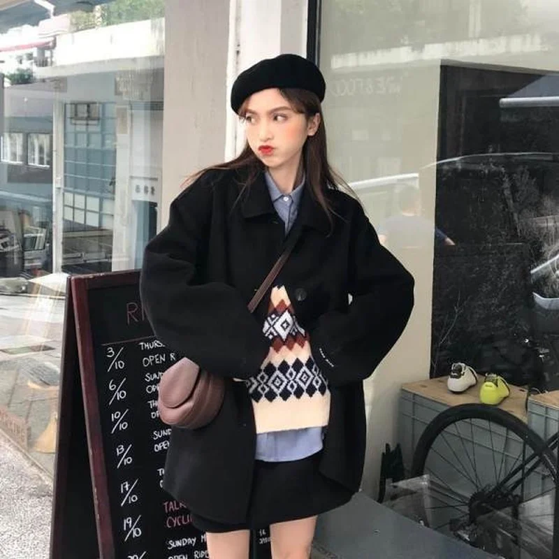 Wool Blends Coats Women Loose Winter Students Solid Simple All-match Warm Soft Casual Trendy Chic Fall Clothes for  Ins