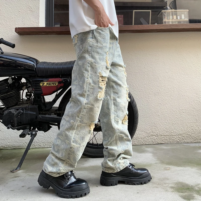 Y2k pants ripped cashew flower embroidery men's loose straight jeans vintage washed streetwear fashion knapwear hombre
