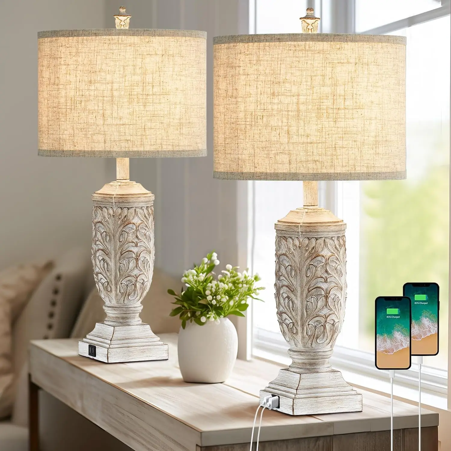 

of 2 Farmhouse Table Lamps, 27.5'' Tall Rustic Bedside Lamps with USB Ports, Vintage Nightstand Lamp Leafwork White Resi