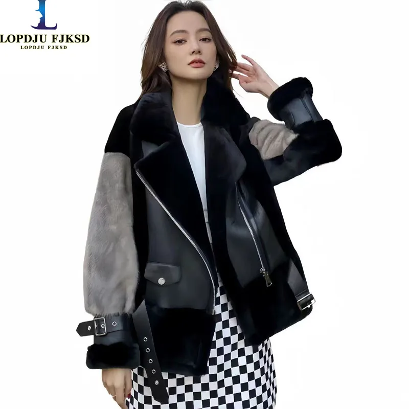 Sheepskin Coat for Women, Merino Fur, Real Sheep Fur Jacket with Mink Fur Sleeve, Motorcyle Clothes, Winter, New, 2022 fursarcar 2021 real mink fur coats women with fur collar detachable sleeve cuff side bifurcation jacket female mink fur coat