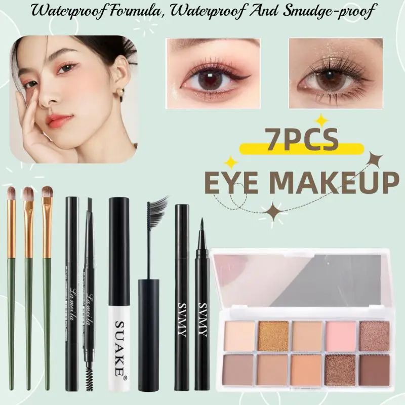 

7PCS Eye Makeup Set Longlasting Eyebrow Pencil Mascara Eyeliner Pen Eye Shadow Plate Makeup Brush Daily Cosmetic For Students