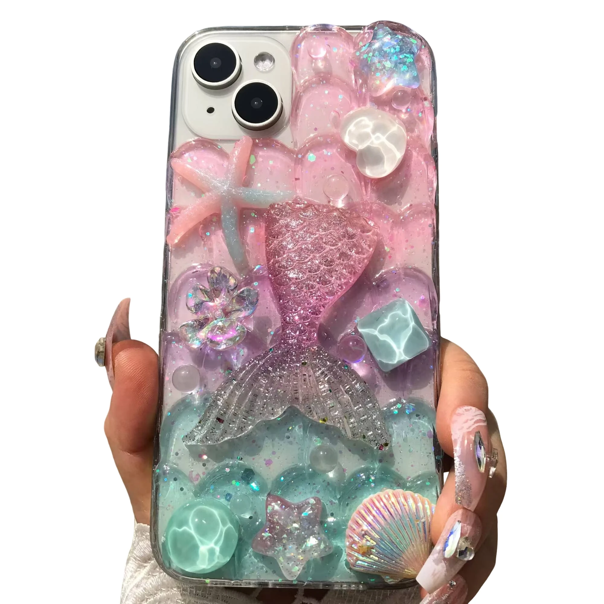 Handmade Mermaid Ripple Stone Flower Dolphin Starfish Soft TPU Acrylic Dustproof Phone Case
