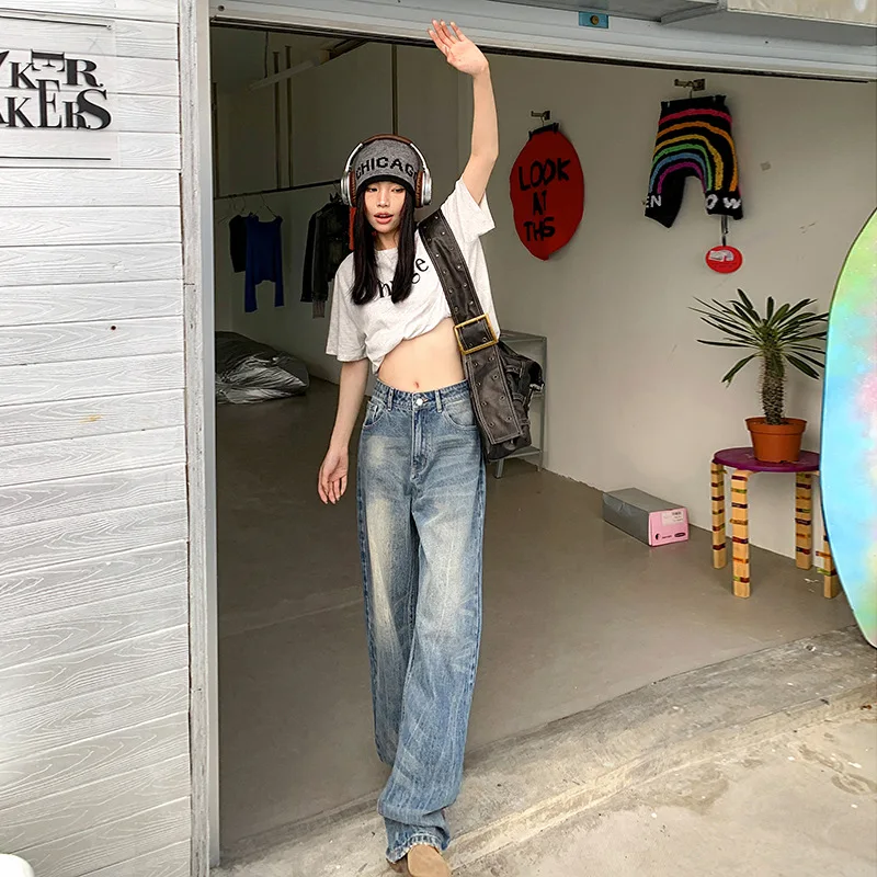 Denim Planet Blue Straight Jeans For Women In Spring 2024 New High Waisted Loose And Slimming Wide Leg Mop Pants