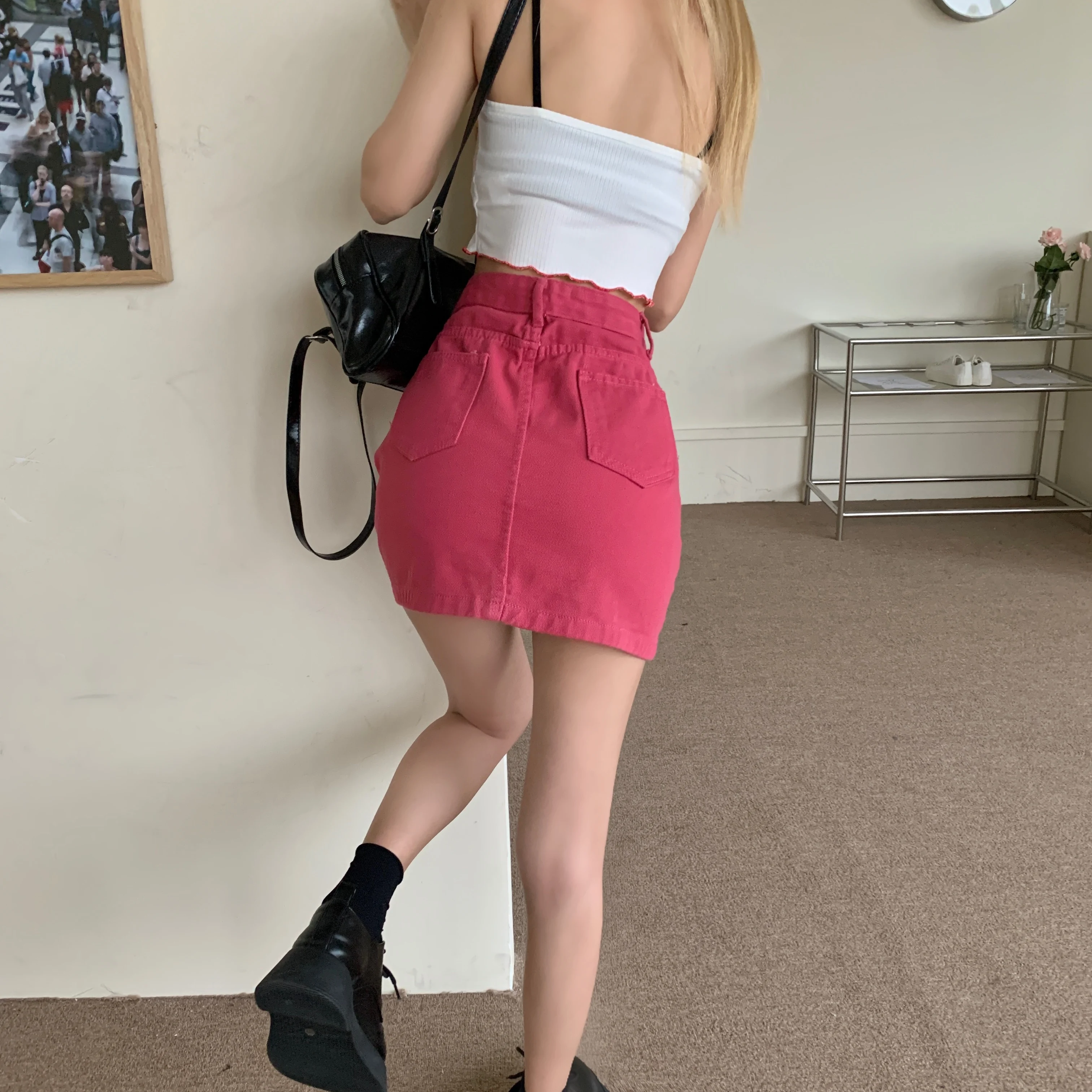 Ailegogo New Spring Summer Solid Color High Waist Wide Leg A-line Mini Denim Skirt Casual Female Washed Pink Ladies Jenas Skirts cute skirts