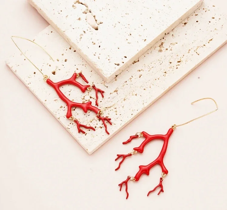Red Coral Dangle Earrings Fashion Boheme For Women Luxury