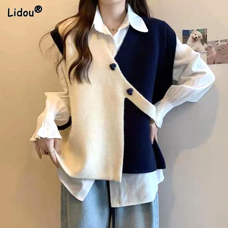 

2023 Spring and Autumn Versatile V-Neck Contrast Non Standard Design Feel Loose and Casual Oversized Women's Knitted Tank Top