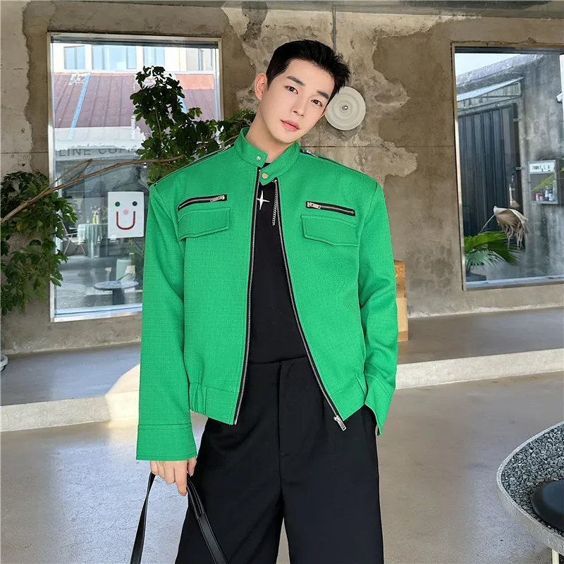 Fashion 2024 Early Spring New Men's Metal Zipper Jacket Pocket Stand Collar Slimming Jacket Long Sleeve Solid Color Coats