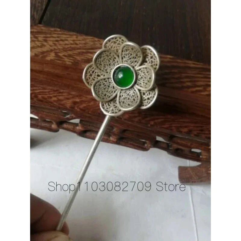 

Chinese Old Tibetan Silver Gem Inlaid Carved Butterfly Barrettes