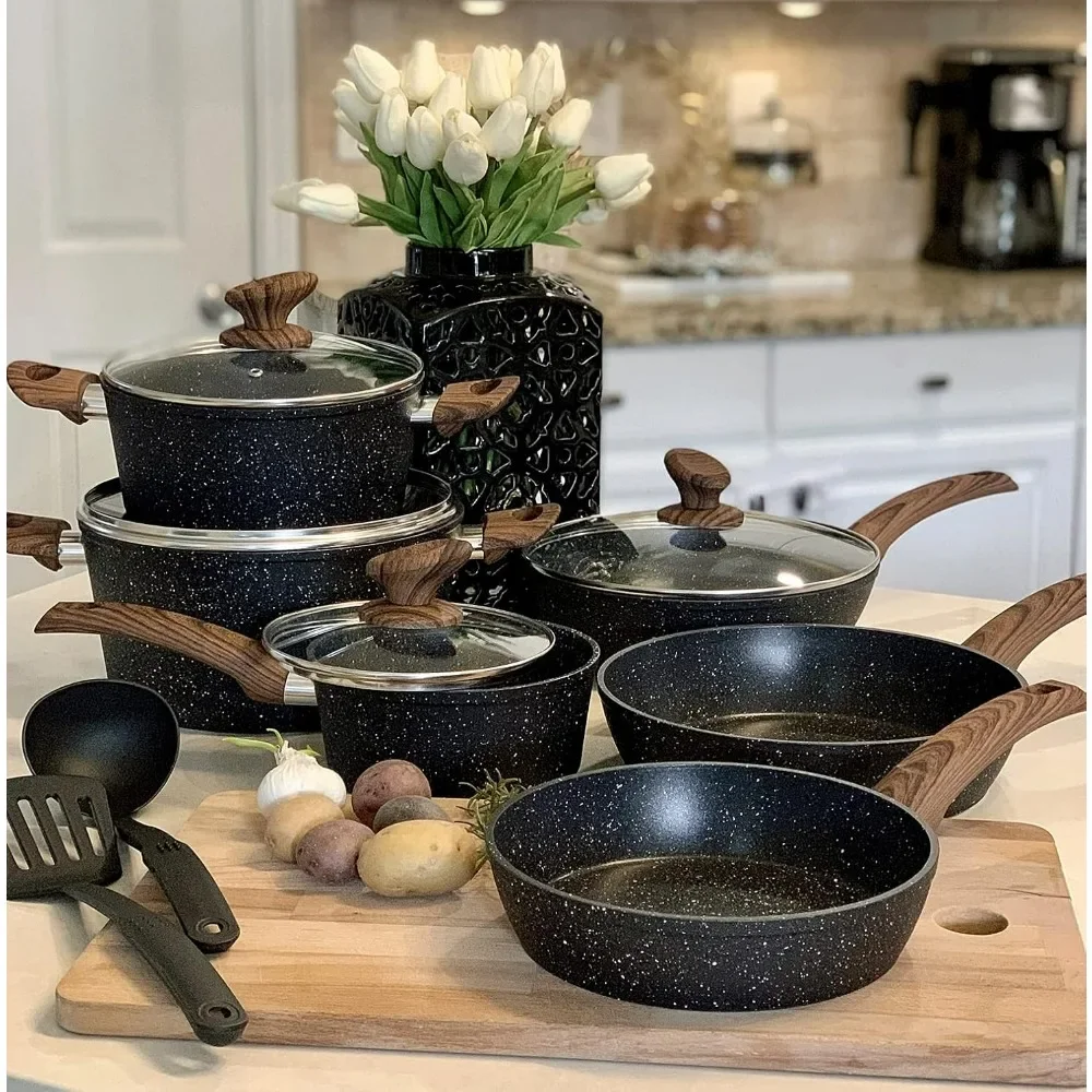 12 Piece Cooking Pan Set, Granite Black Nonstick Pots and Pans Set, Induction Pots and Pans Set Non Stick