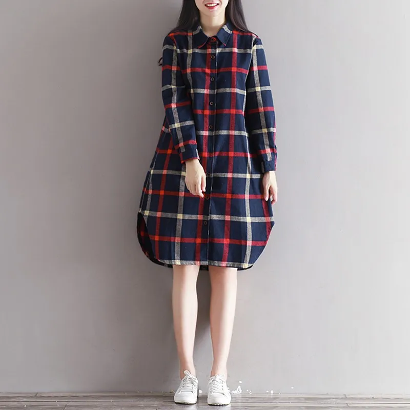 

2022 New Arrival Spring Autumn Women Loose Casual Turn-down Collar Long Sleeve Blouse Single Breasted Plaid Long Shirts V962