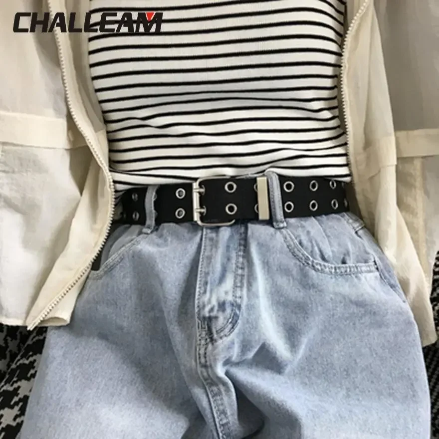 

Unisex Canvas Belt Ladies Double Row Hole Pin Buckle Harajuku Buttonhole Men's Women Jeans Black and White Chain Belt 427