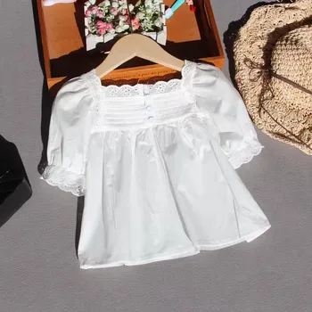 Summer White Blouse for Big Girls Cotton Lace Short Sleeve Tops Children's Square Collar Pure Color Tshirts 6 8 10 14 15 Years