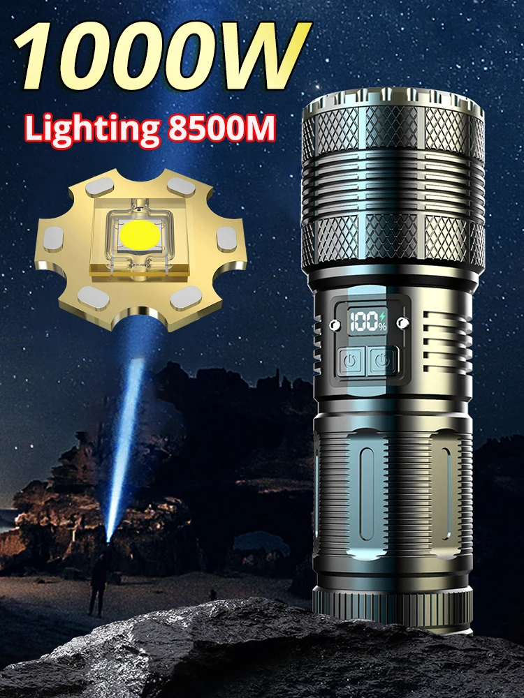 

12000000LM 1000W High Power Led Flashlights Tactical 7800mah 18650 Built-in Battery Light Emergency Spotlights 9km Holiday Gifts