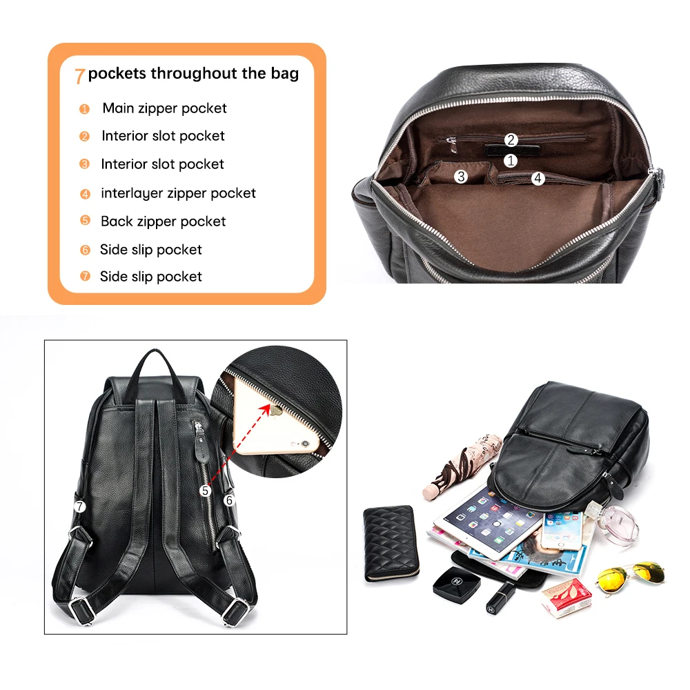 Zency Stylish Black White Genuine Leather Women Backpack A++ Quality Anti-theft Large Capacity Knapsack Travel Designer Rucksack 5