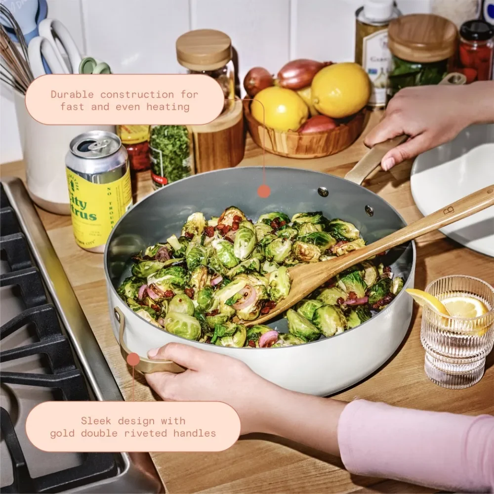 Description Picture 4 of itemDutch Pot 5.5 Quart Ceramic Non-Stick Sauté Pan Saucepan White Icing By Drew Barrymore Porcelain Dutch Oven Cookware Cooking Bar