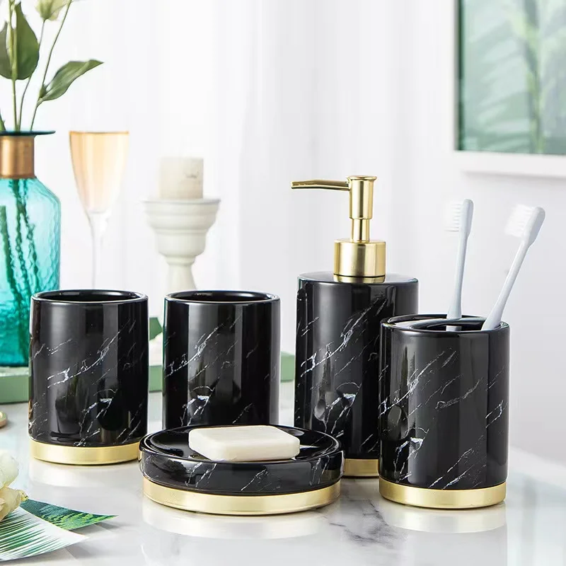 

Ceramic Wash Set Bathroom Kit Supplies Bathroom Toothbrush Holder Mouthwash Cup Simple Black Bathroom Set of Five