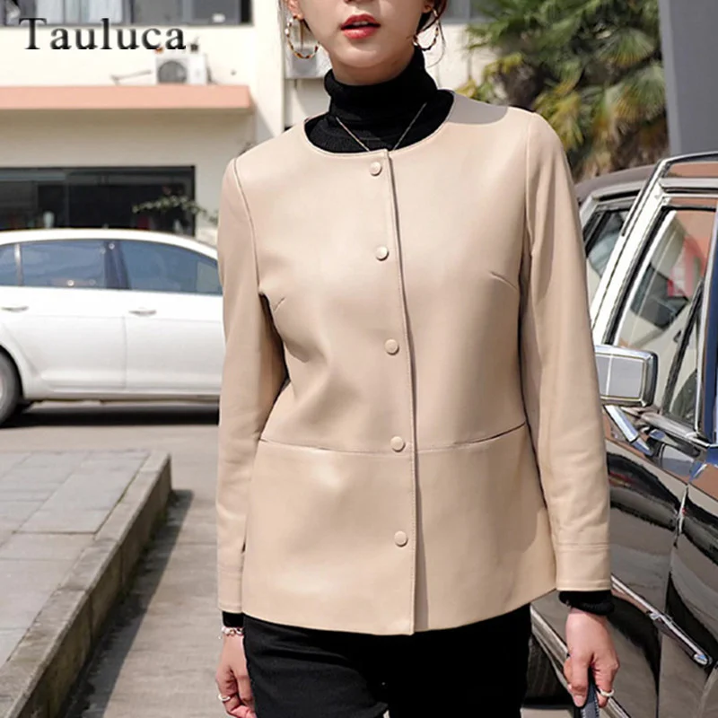 Womens Genuine Leather Jacket Spring Autumn Long Sleeve Elegant Soft Real Sheepskin Leather Coat Office Lady Solid Color Outwear