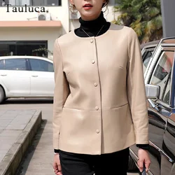 Womens Genuine Leather Jacket Spring Autumn Long Sleeve Elegant Soft Real Sheepskin Leather Coat Office Lady Solid Color Outwear