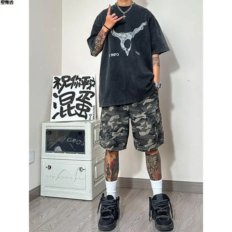 Men's Spliced elastic Loose Straight High Street Camouflage Design Five-point Denim Shorts