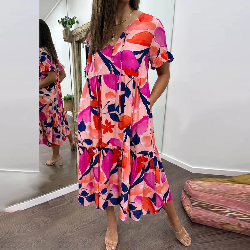 

Summer Vestidos Casual Feminino 2023 V-neck Printed Ruffles Loose Long Dresses for Women Vestido Formales Simples Y Elegante