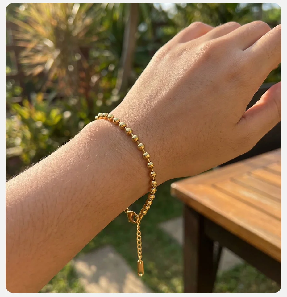 Vnox Trendiges Edelstahl-Armband mit Imitationsperlen für Damen, vergoldete, glatte Perlenketten, wasserdichter Schmuck – Detail 3