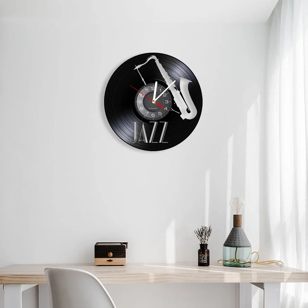 Jazz Musical Instrument Vinyl Record Wall Clock Musical Arts Saxophone Carved Album Music Record Clock Music Room Longplay Decor 5