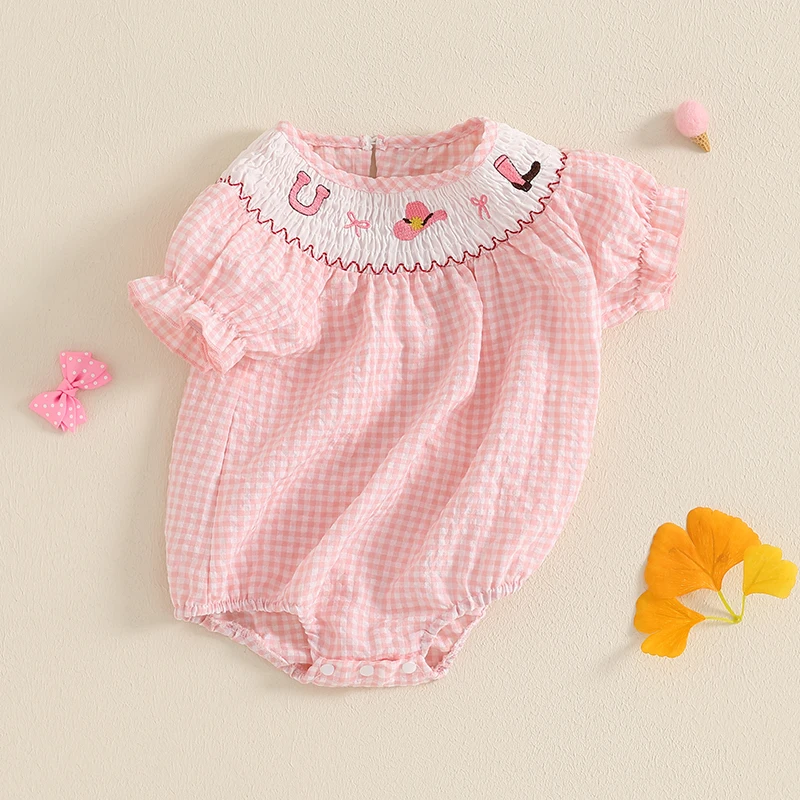 Toddler Baby Girl Clothes Summer Smocked Romper Bow Embroidery Bubble Short Sleeve Cute Bodysuit Outfits 4