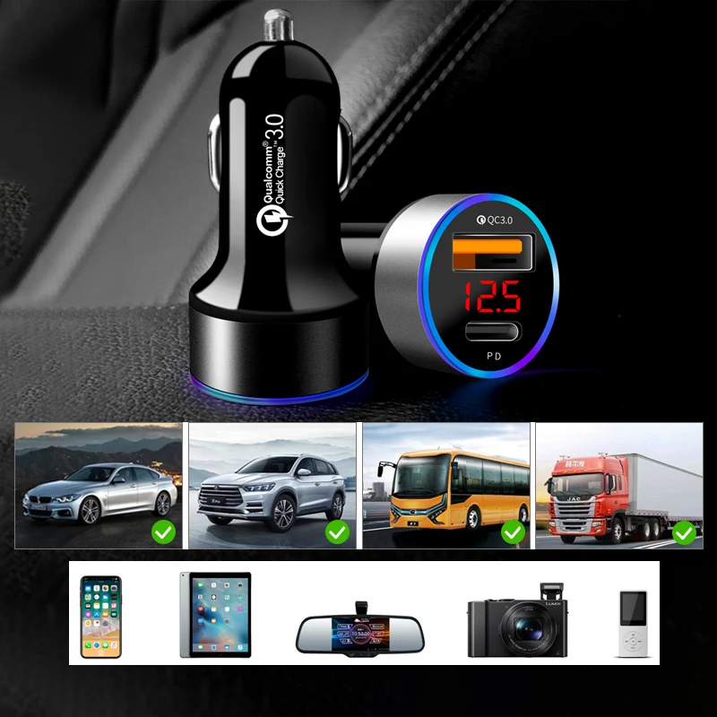 고속 차량용 충전기 듀얼 포트 LED 전압 표시 기능 타입 C PD QC3.0 USB 시거잭 어댑터 휴대폰 트럭 SUV 충전용