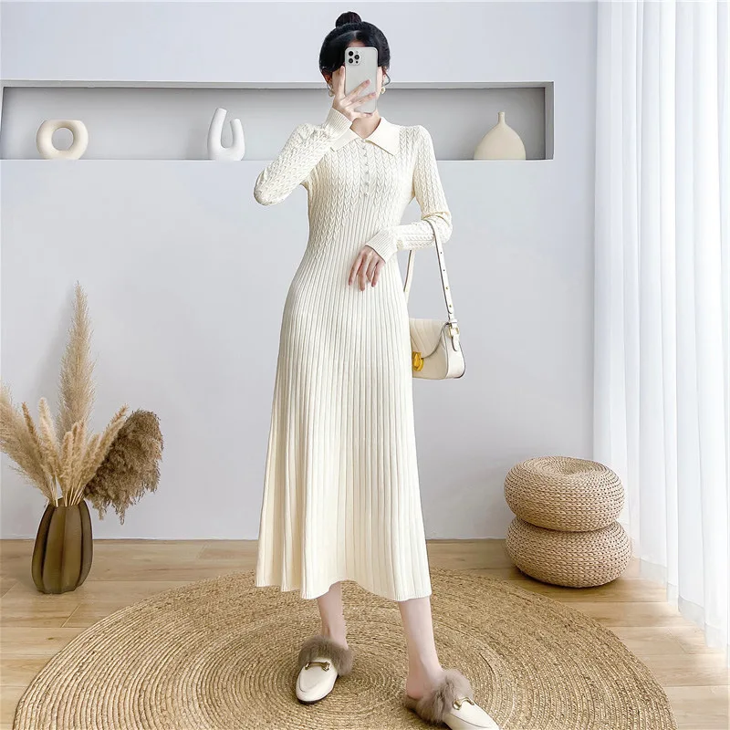 Ribbed Autumn Knit Long Dress For Women Fashion High Waist Elegant Solid Long Sleeve Dress Lapel Loose Knitwear Maxi Dress