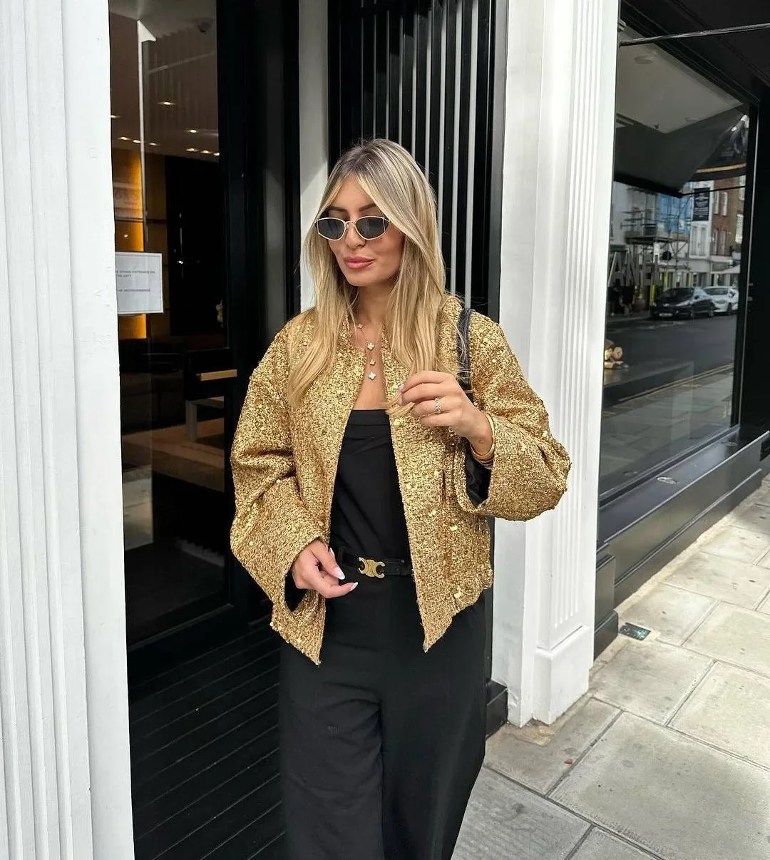 S28a4804f047244d984acb20dafa18d4fk Women's Sequined Bomber Jacket Fall New Round Neck Long Sleeve Pocket Stretch Hem Sequins Jacket Coat Female Chic Outerwear Mallzona